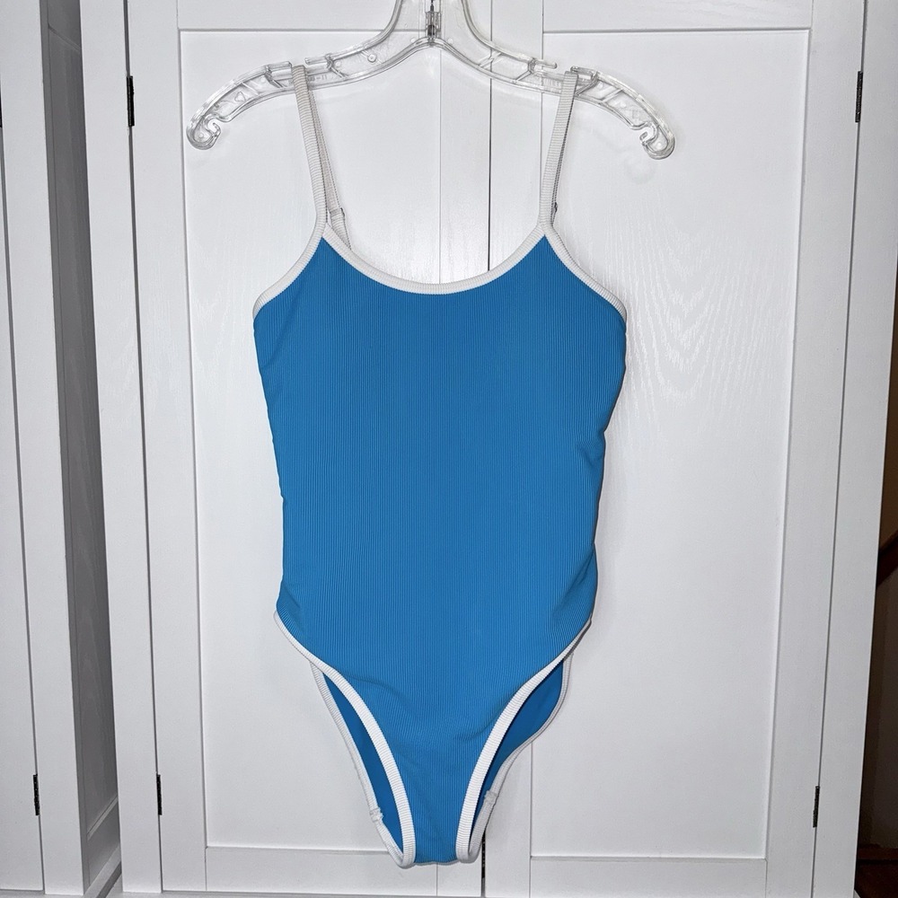LainSnow Figure Eight One Piece Cobalt Blue Ribbed Swimsuit Shelf Bra M Padded